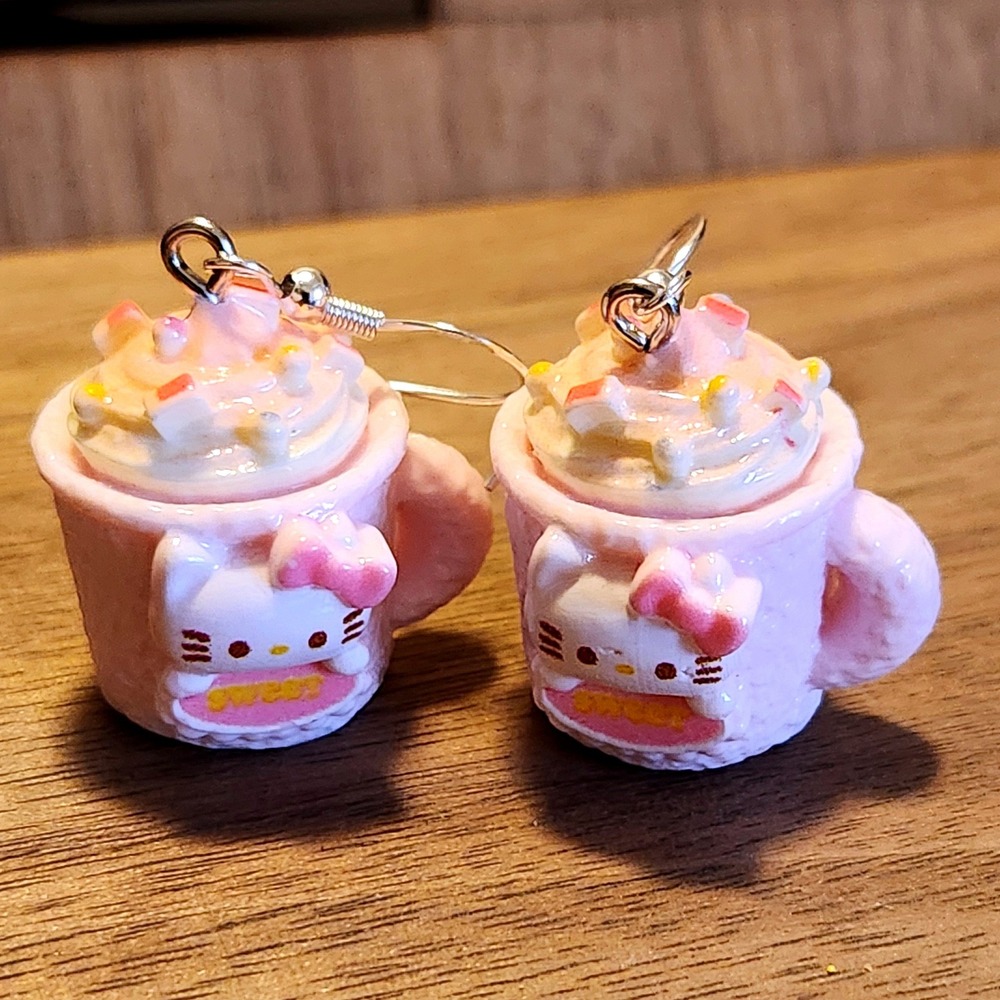 Kitty Pink Hot Cocoa Mug Dangle‎ Earrings Food Jewelry Handmade NEW